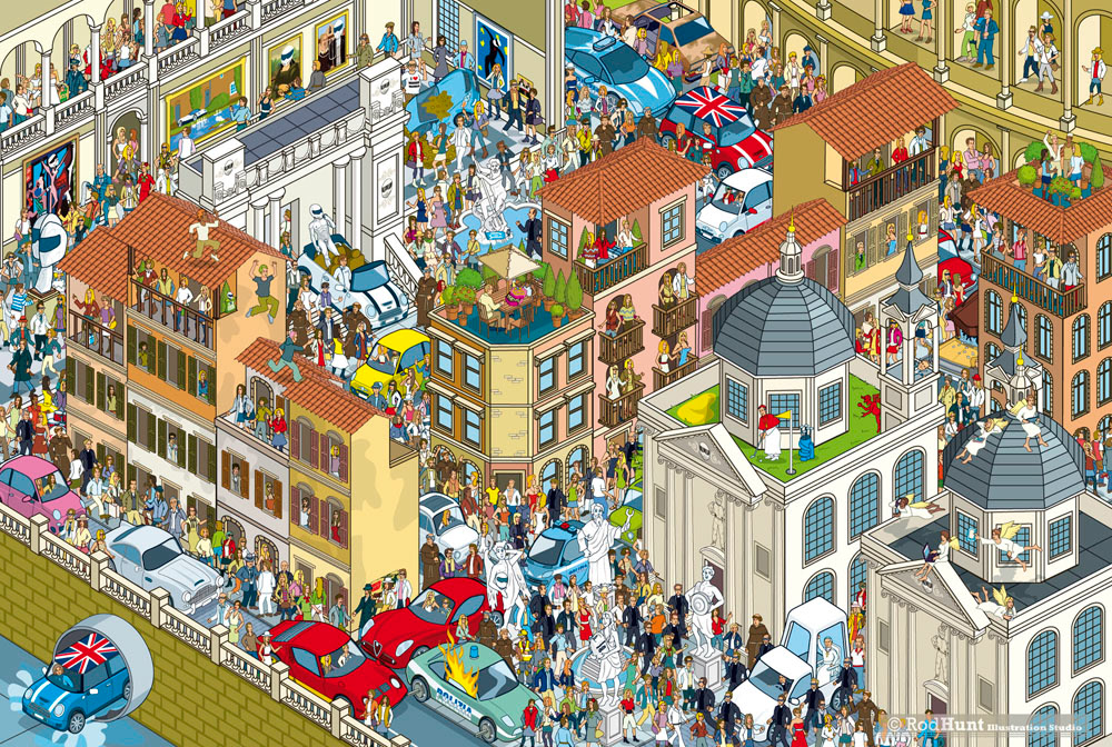 Rome travel illustrations for a seek and find picture book