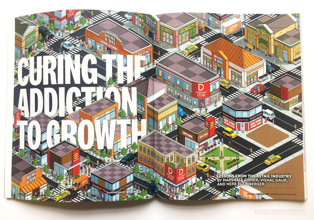 Harvard Business Review: Curing the Addiction to Growth - isometric cityscape illustration on retailing industry growth