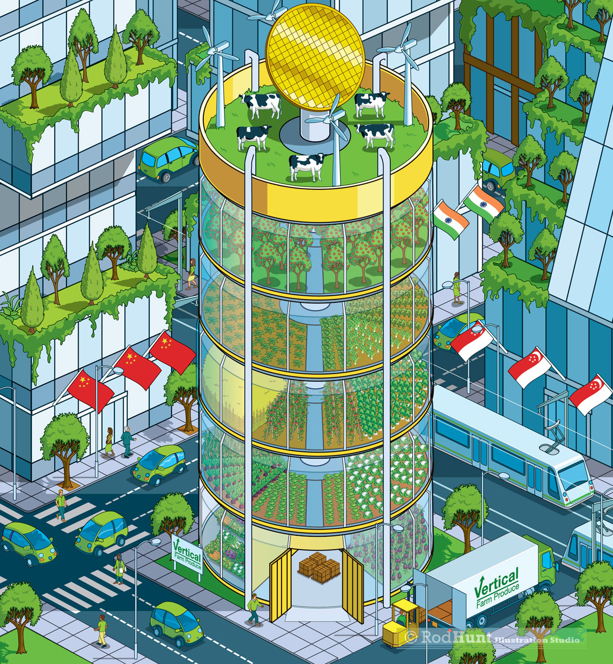 Vertical Farm Future Gazing Isometric illustration - Pixel Art Magazine Cover
