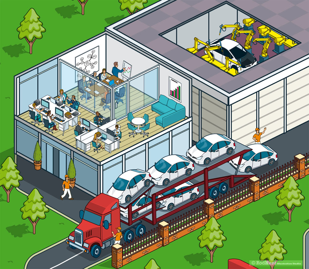 Cutaway illustrations of a car factory and manufacture process