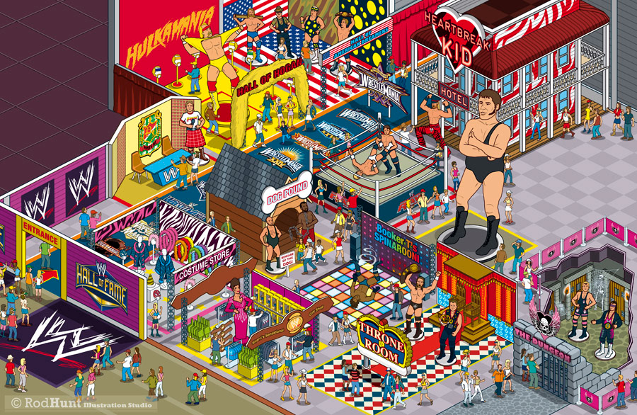 isometric illustration - WWE Hall Of Fame... Revealed - Pixel Art Illustrations of the stars of WWE including The Hall of Hogan, The Heartbreak Kid Hotel, Life Size Andre the Giant, Booker T’s Spinarooni, Jerry Lawler’s and Triple H’s Throne Room, Junkyard Dog & Mad Dog Vachon's Dog Pound, The Hart Family Dungeon and much more.