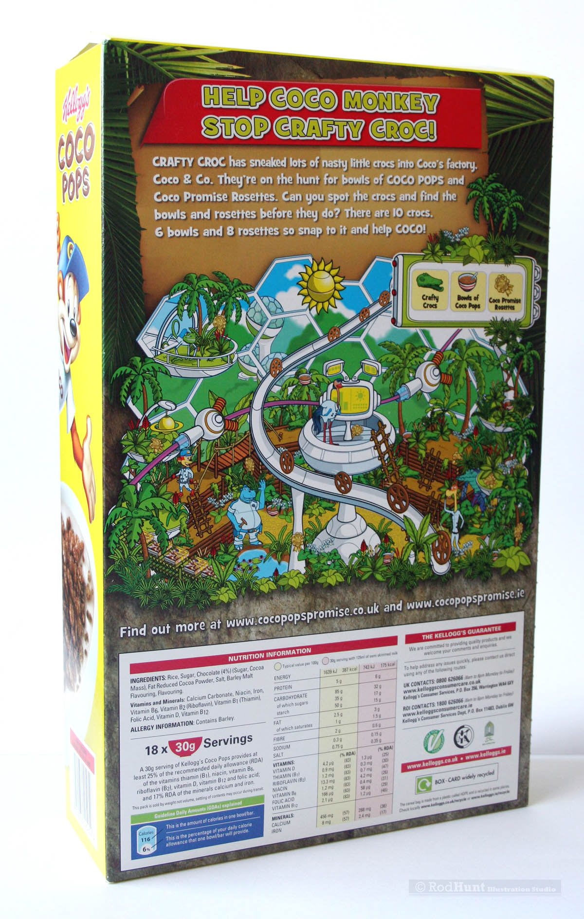 Kellogg's Coco Pops packaging with seek and find game illustration by Rod Hunt