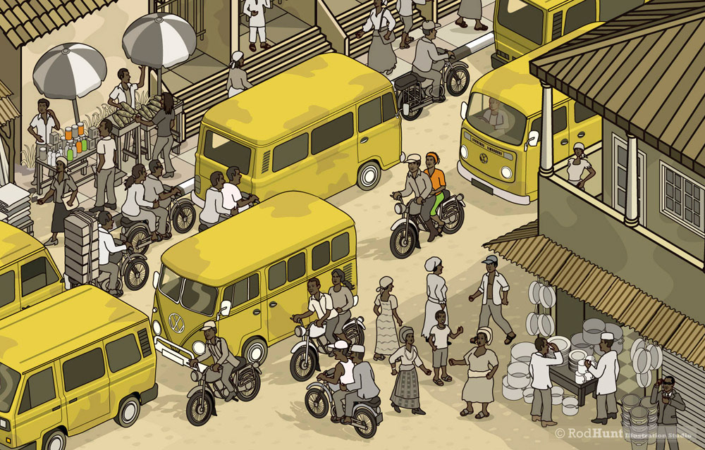 Isometric illustrations depicting an African city and street scene
