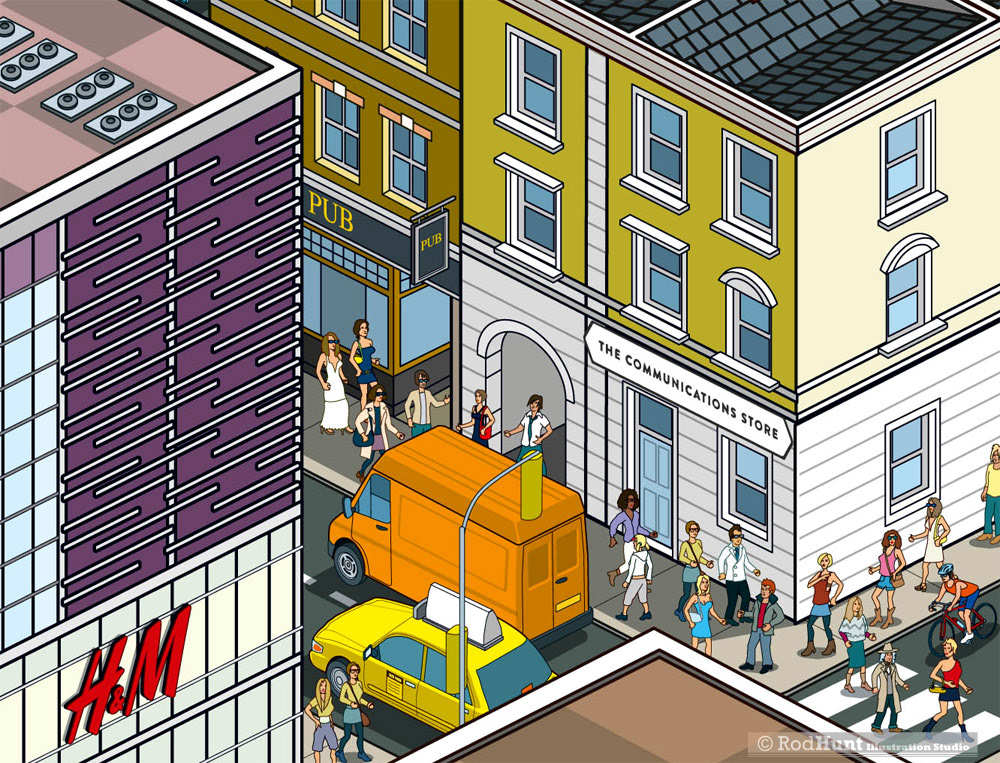 Retail and fashion brand cityscape illustrations for The Business of Fashion