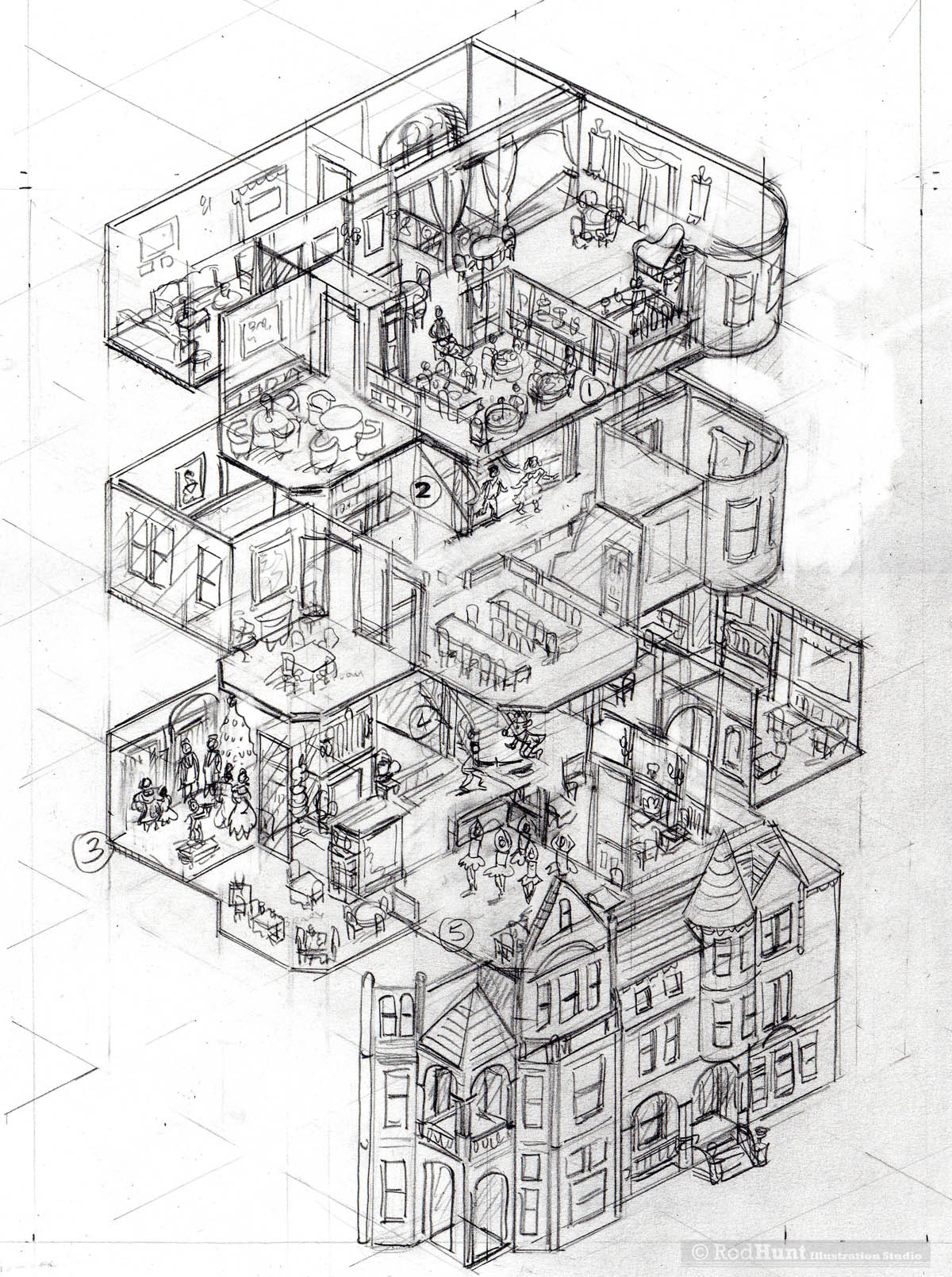 Hand drawn maps and building plans by Rod Hunt