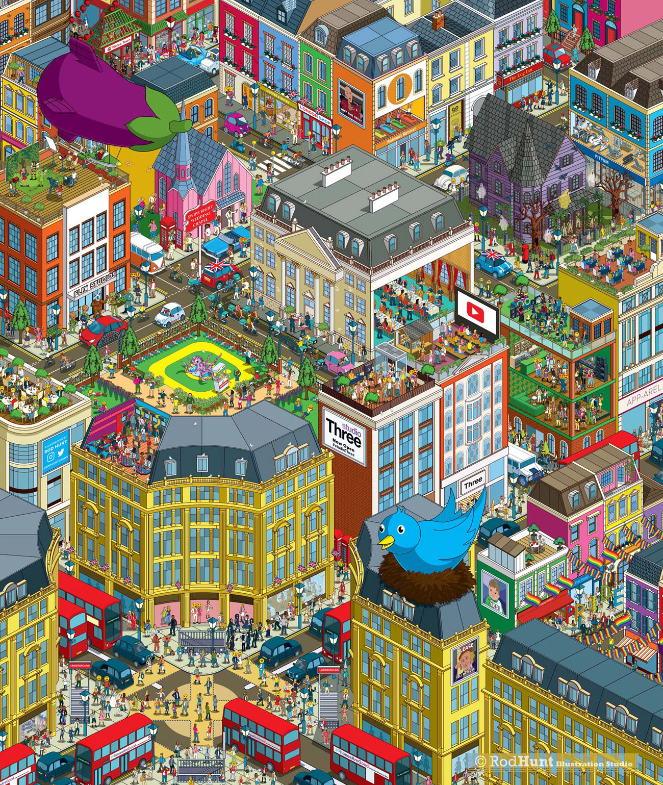 Retail In-store printed vinyl Mural illustration - isometric social media cityscape