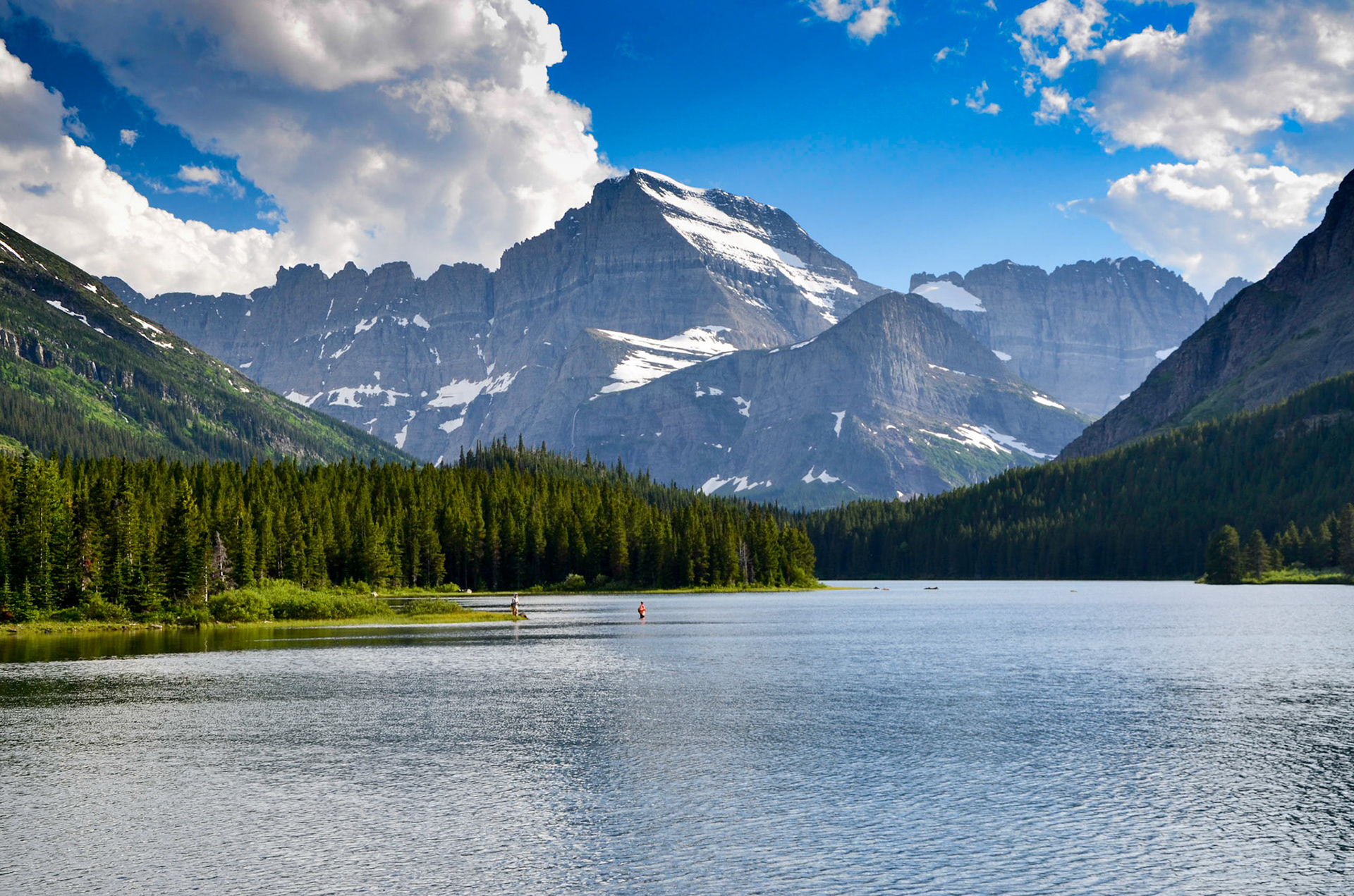 Evening view of Mount Gould and Angel Wing across Swiftcurrent Lake