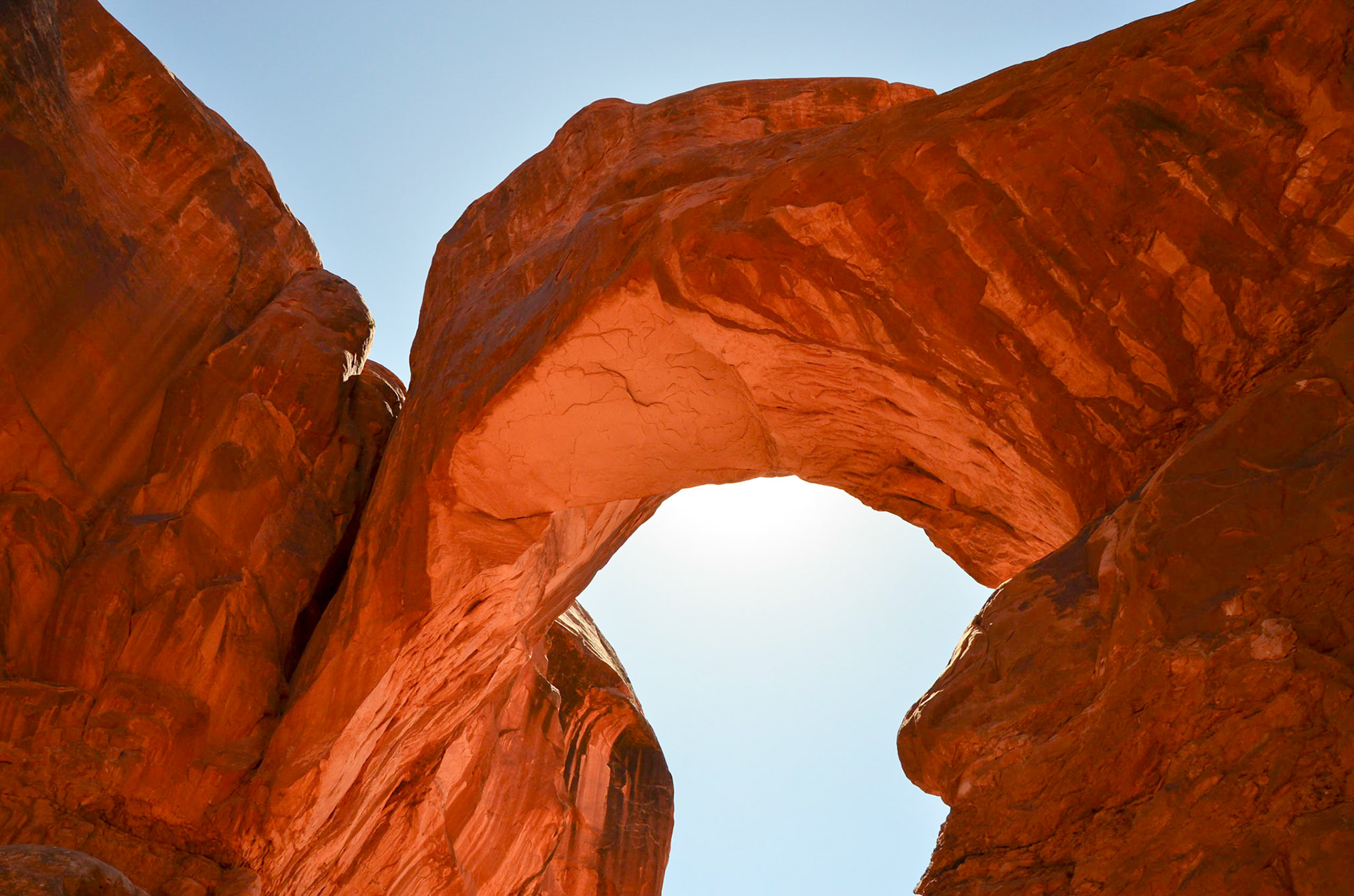 View from inside and underneath the Double Arch, Arches National Park, Utah