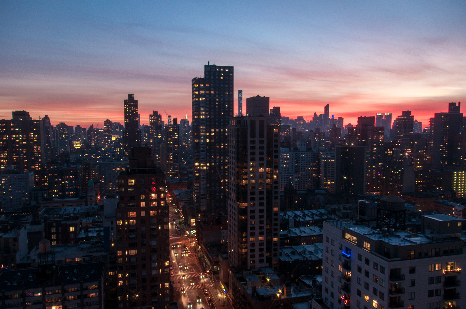 The sky looks beautiful in December.  Looking south towards Midtown Manhattan from the Upper East Side.