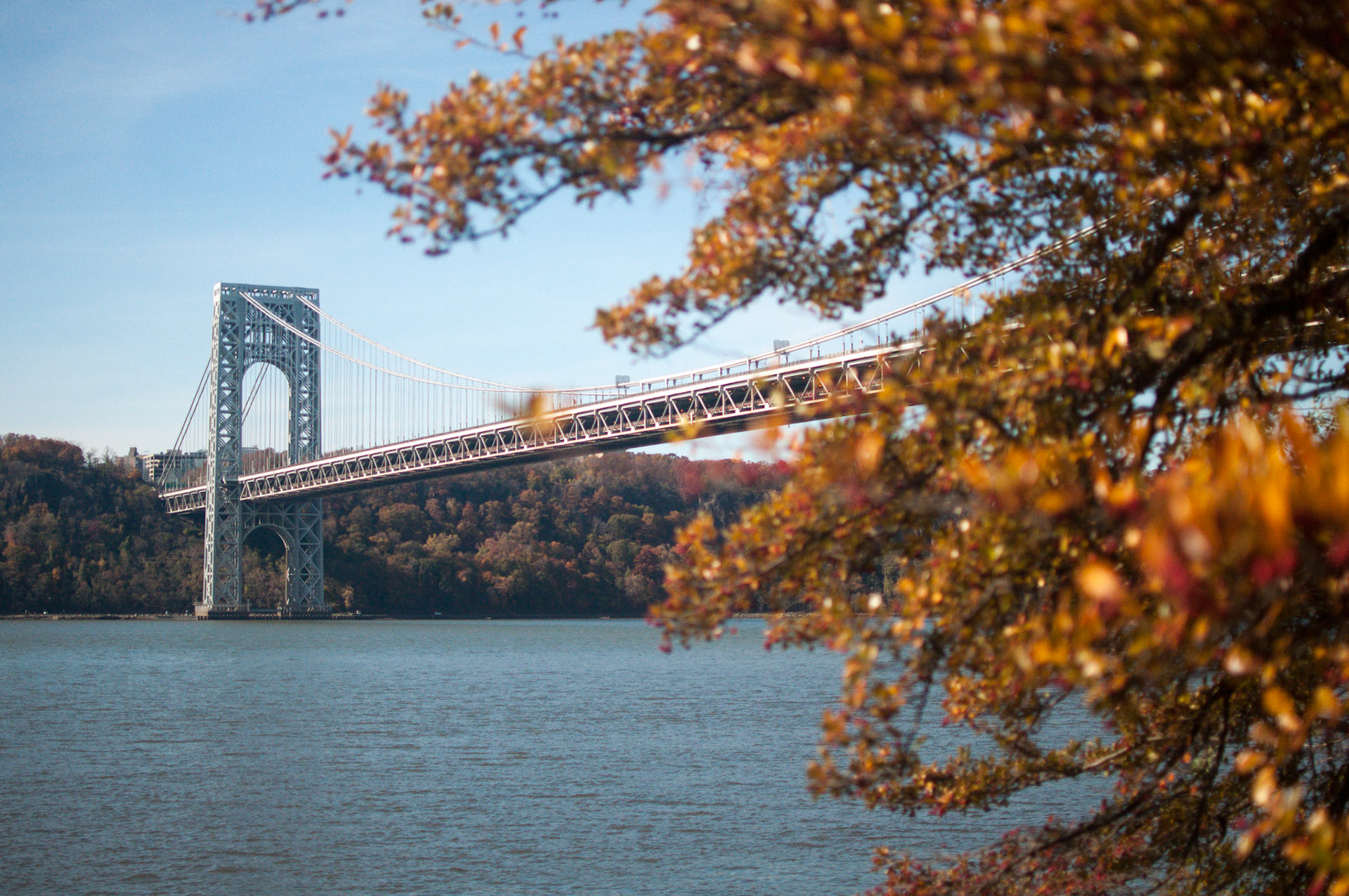 A great view of the George Washington Bridge from Fort Washington Park and the Hudson River Greenway in Manhattan.