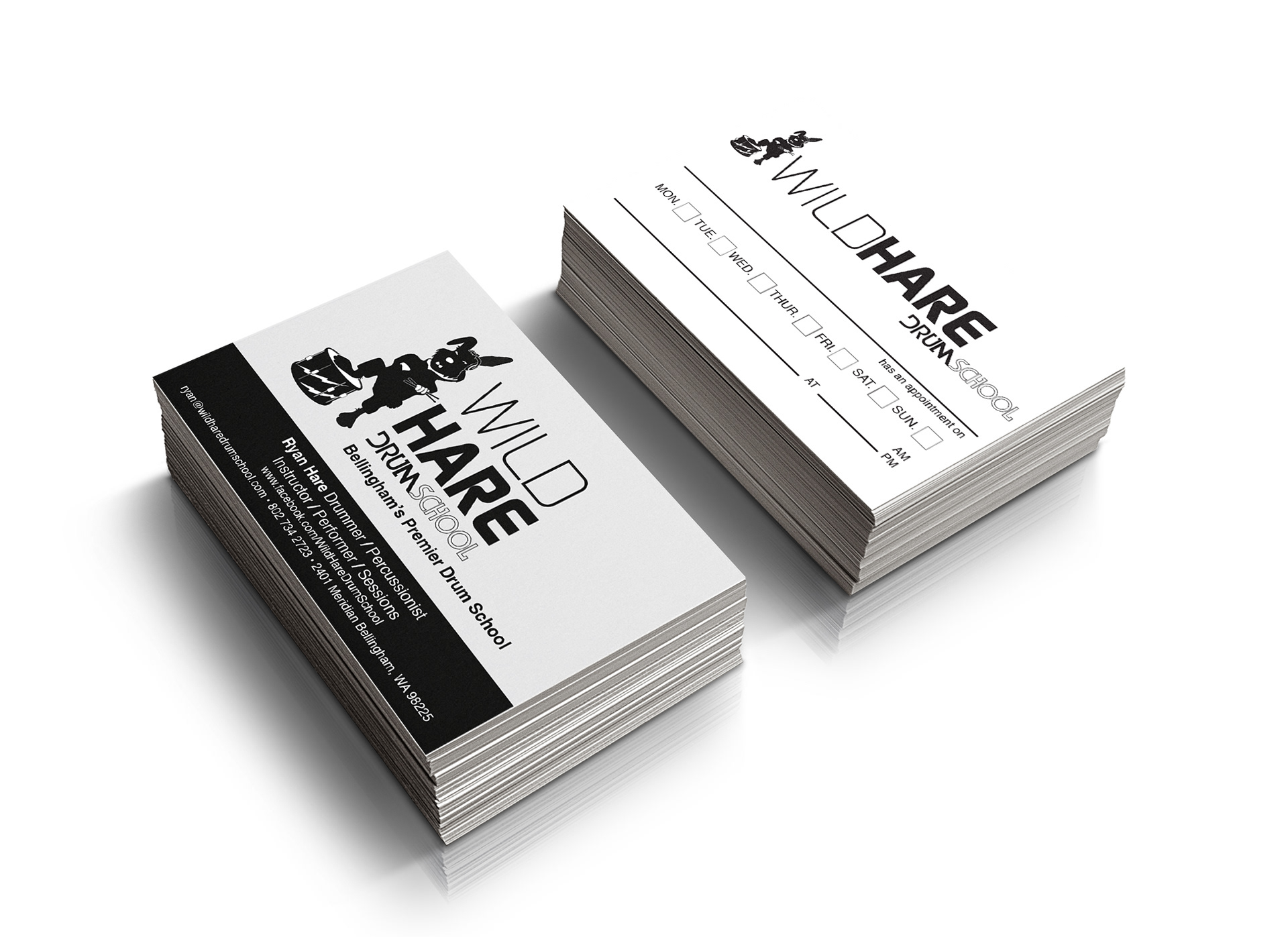 Wild Hare Drum School business card layout