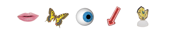 Five Fashion Gifs. Pink Lip. Yellow Butterfly. Eyeball. Neon Sign. Hankerchief