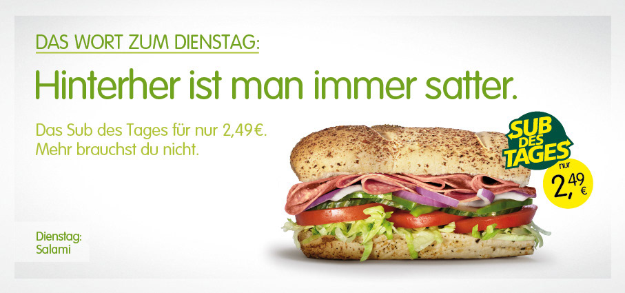 Preis sub menü des tages Subway baut