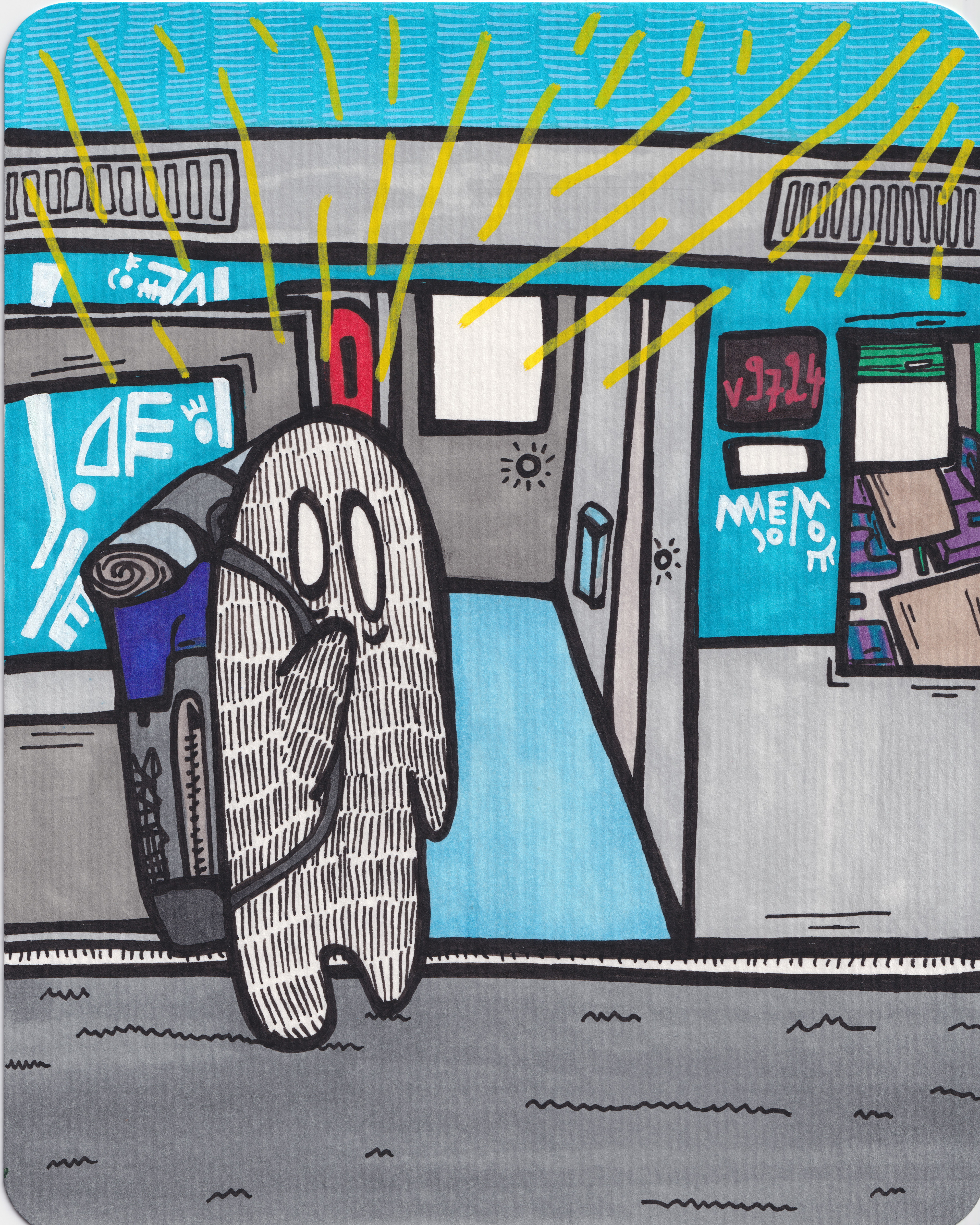 Léon prend le train pour les vacances, encre et posca sur papier, juillet 2021