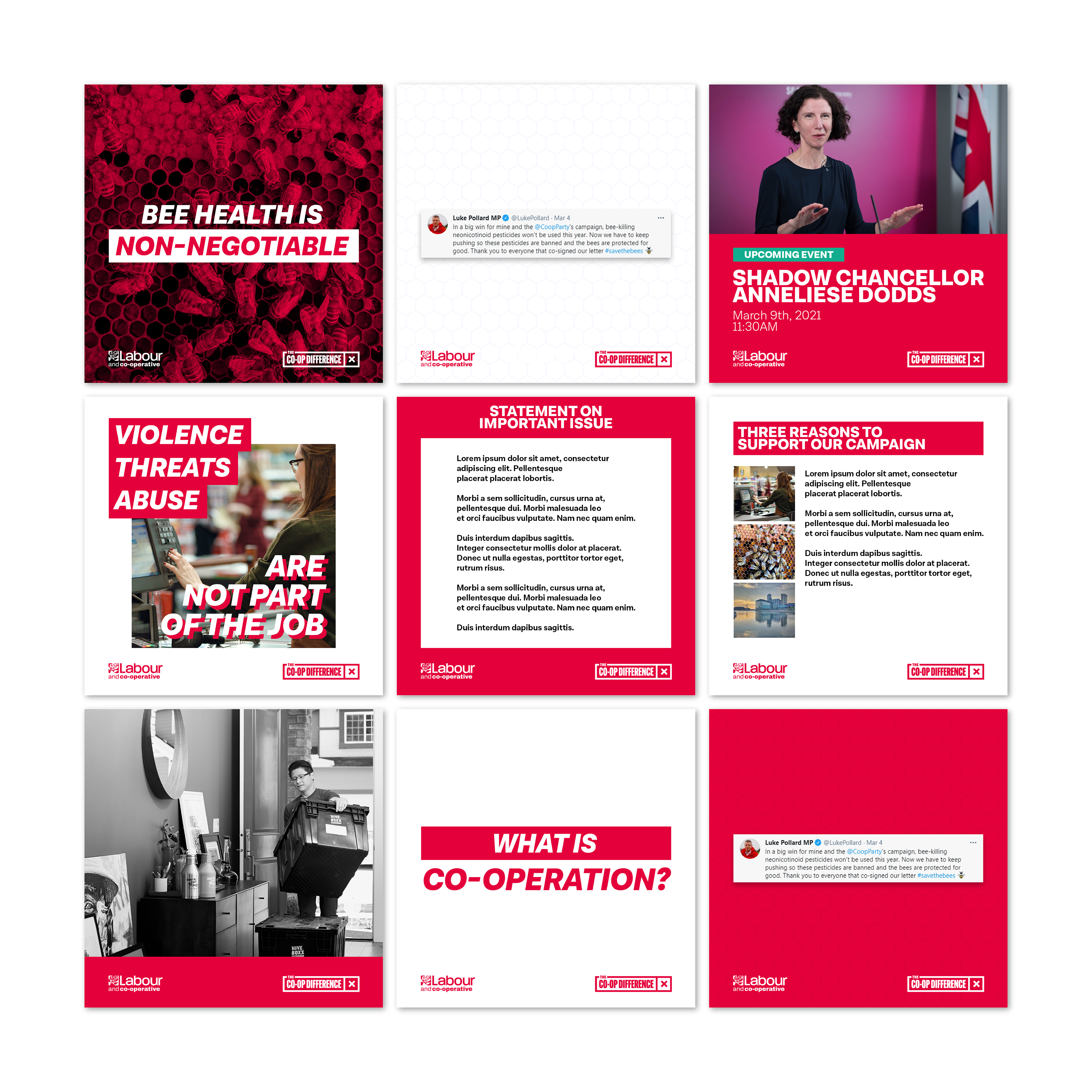 Instagram rebrand - template graphics in Labour/Co-operative colours and logos