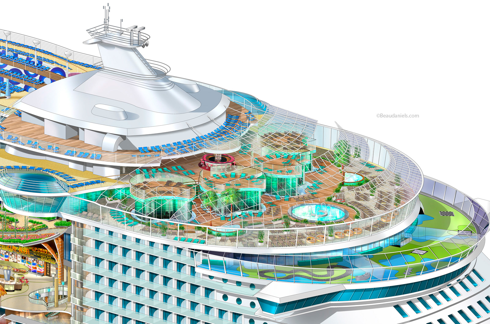 Royal Caribbean Cruise Line cutaway to show Solarium. Rendered in Adobe Photoshop.