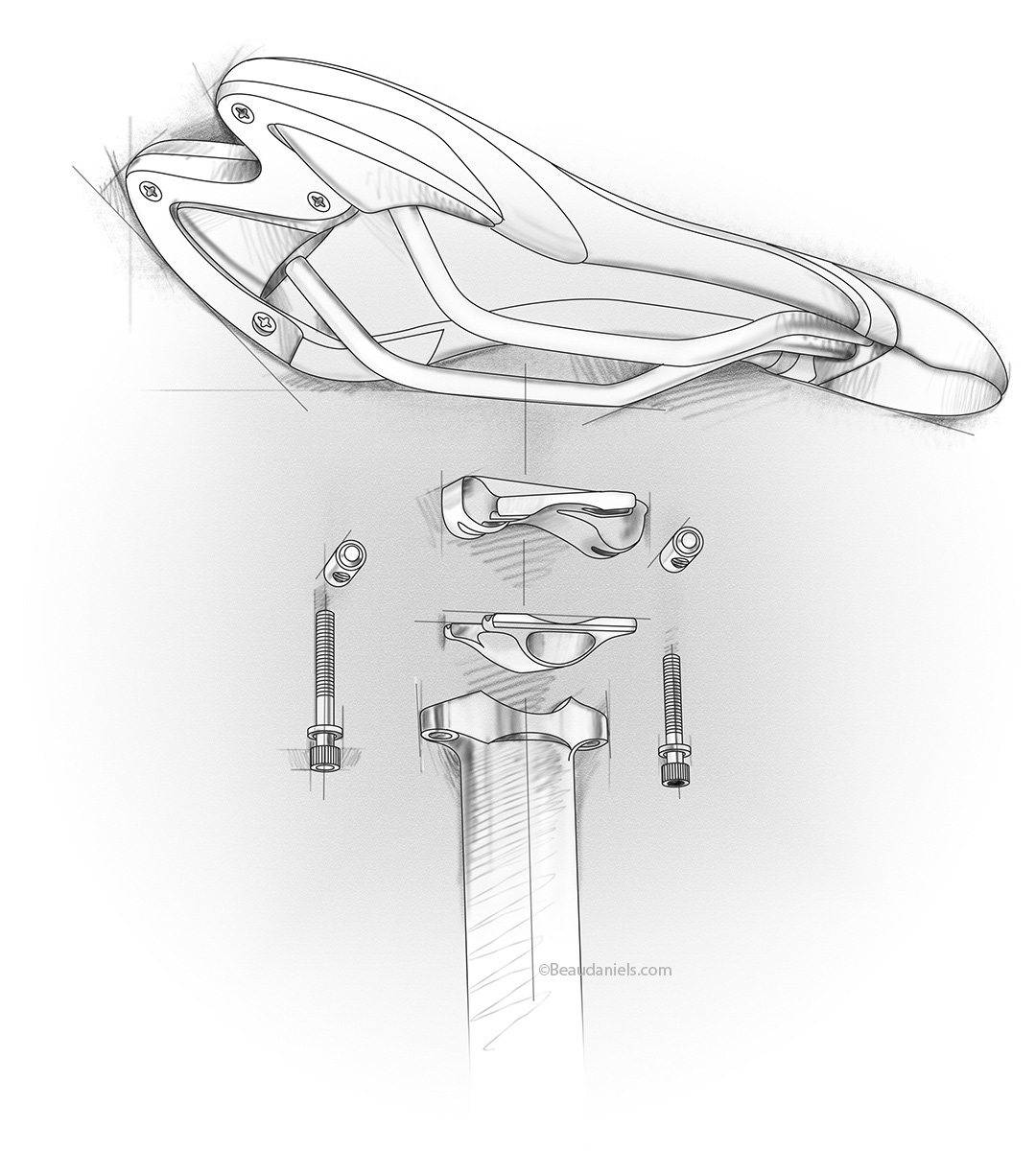 Exploded illustration of a bicycle saddle.