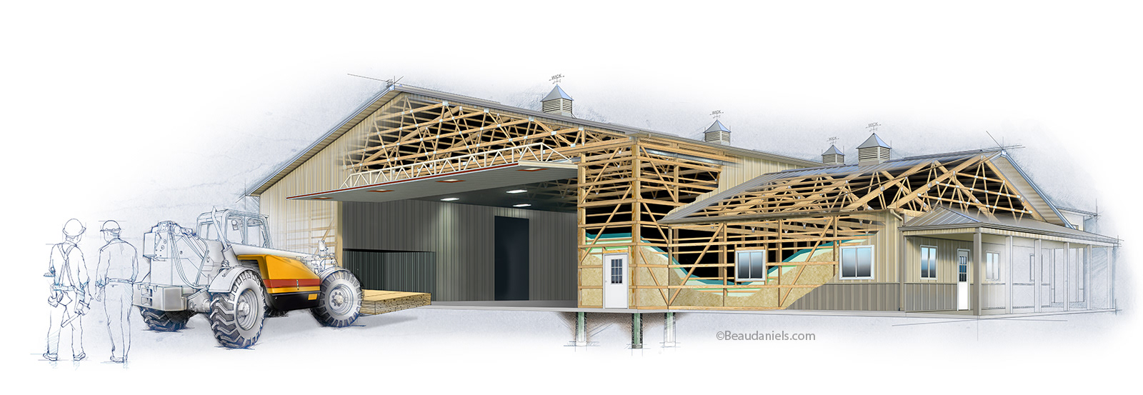 Farm Building cutaway illustration. This was the final illustration, it undergoes changes every year or so as the products develope. Luckily just about every piece has its own photoshop layer so that changes can be readily made.