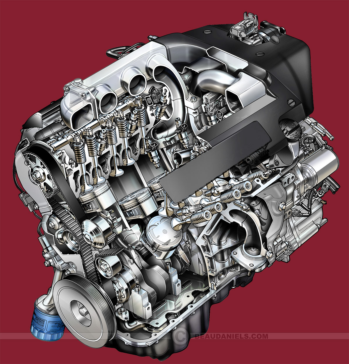 Fully rendered and cutaway generic V6 engine.