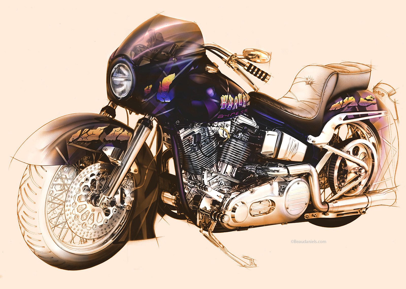 Traditional airbrush painting. The drawing was completed on arches cold press. The painting was done on a clear acrylic sheet overlayed on the drawing. Just like layers in photoshop.