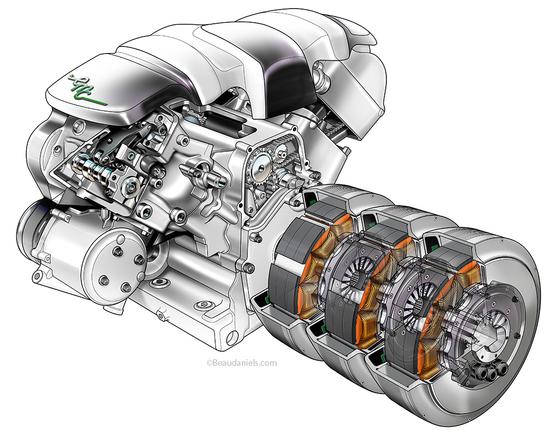 Technical illustration, Beau and Alan Daniels. - Hybrid engine cutaway