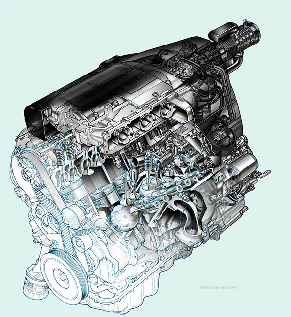 Technical illustration, Beau and Alan Daniels. Generic car engines