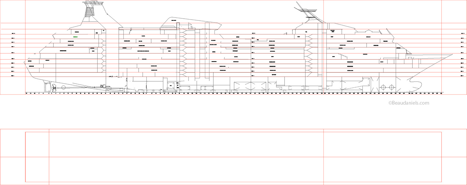 Vision of the Seas, profile line. To start a project like this we first do a profile illustration, showing all of the deck heights. This is possible the most important part as any mistakes not caught now will get very nasty later on.