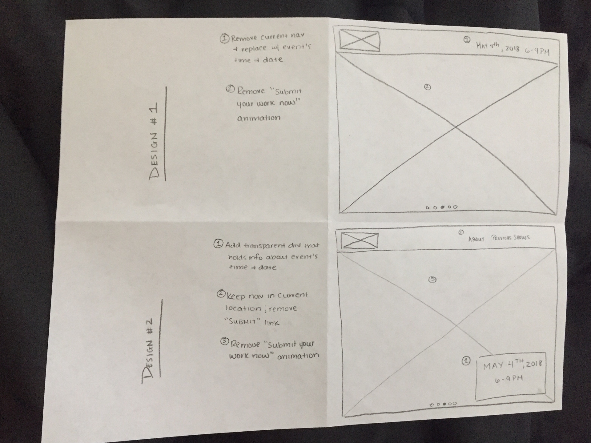 Pencil sketch of a website layout with 2 different designs
