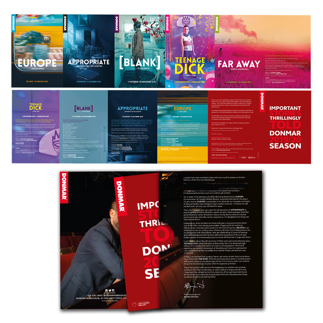 12 page roll-fold season brochure, produced to fit inside the folder. Shown flat and also folded, inserted in the pocket. Produced whilst at AKA.