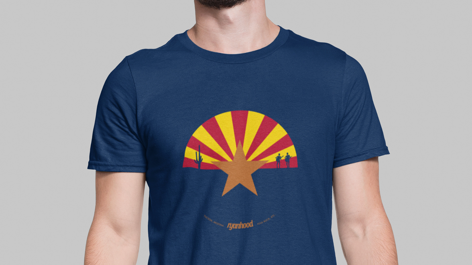 Tucson custom T-shirt design of circular Arizona flag design on blue shirt for folk band Ryanhood