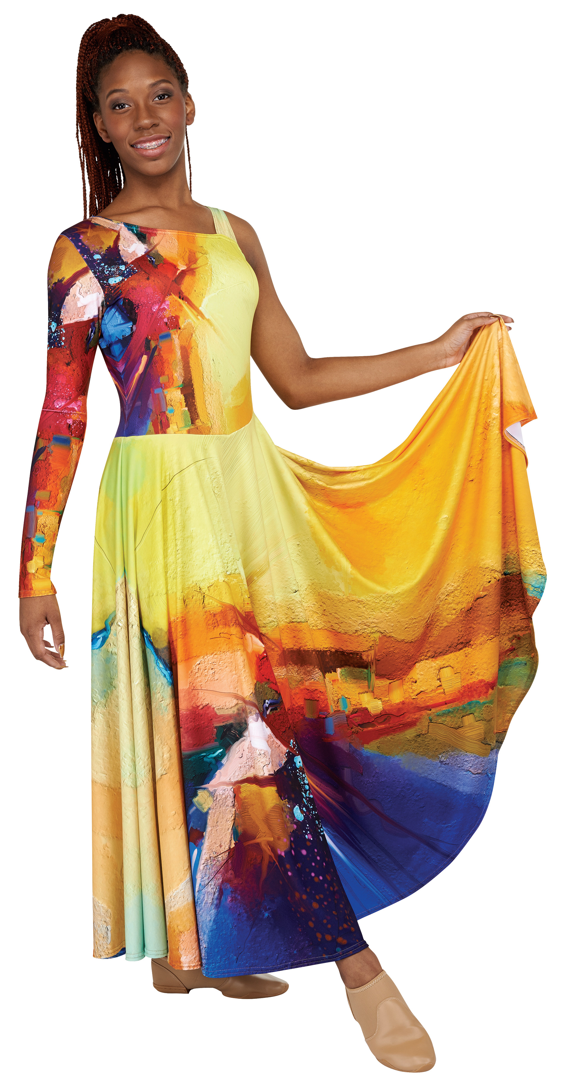 unitard, right sleeve, boy shorts, long circle skirt