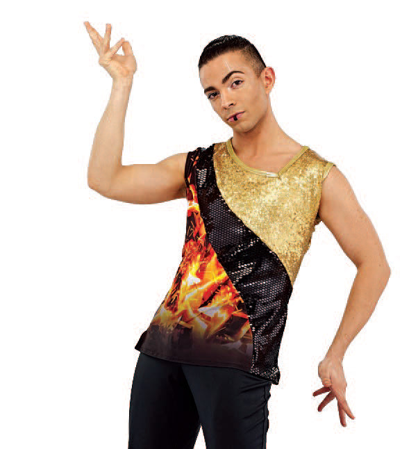 Hybrid Asymmetric Sleeveless Male Top, gold twinkle, black armor. stock pants