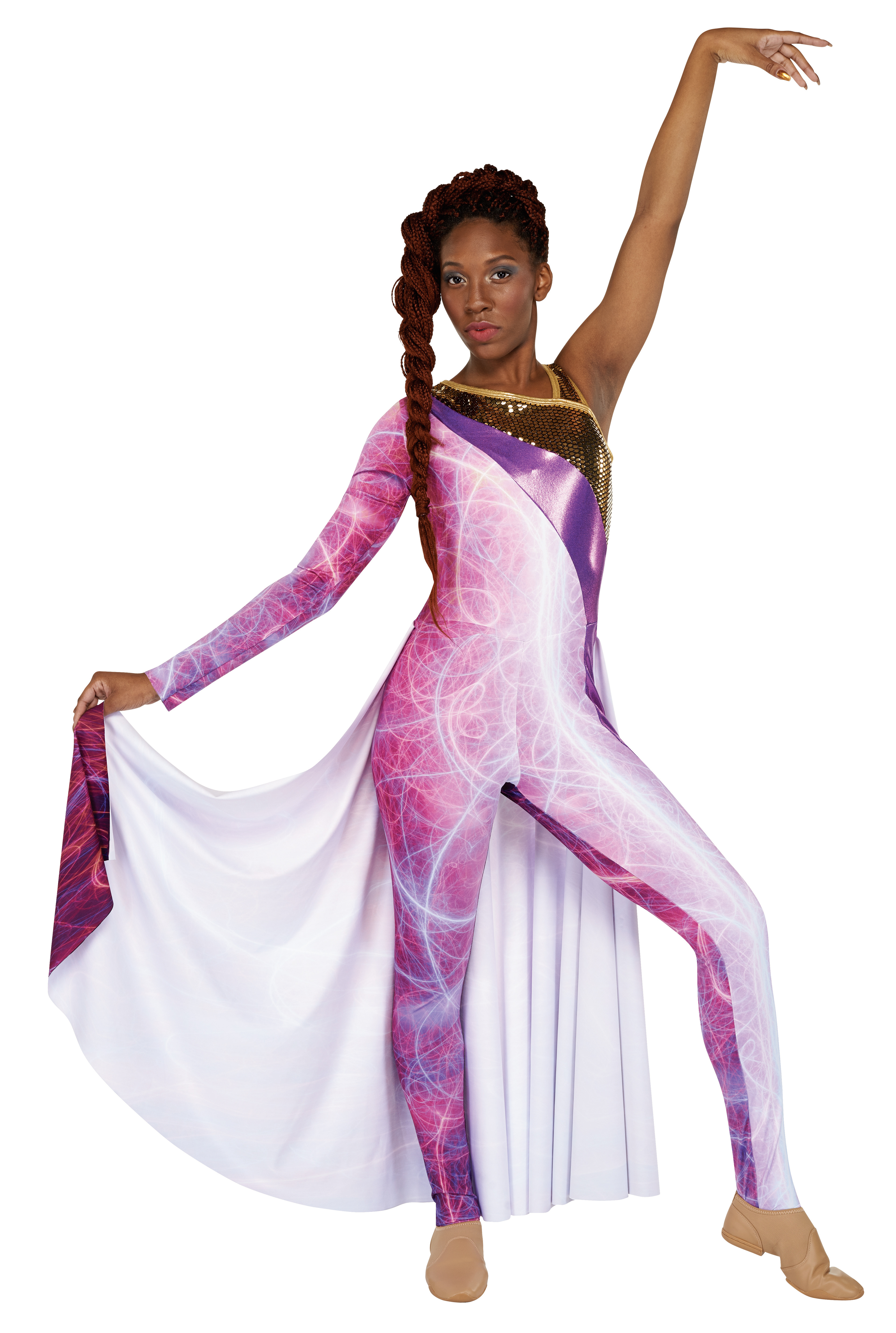 unitard, right sleeve, legging, long back skirt. gold armor, lavender mystique hybrid