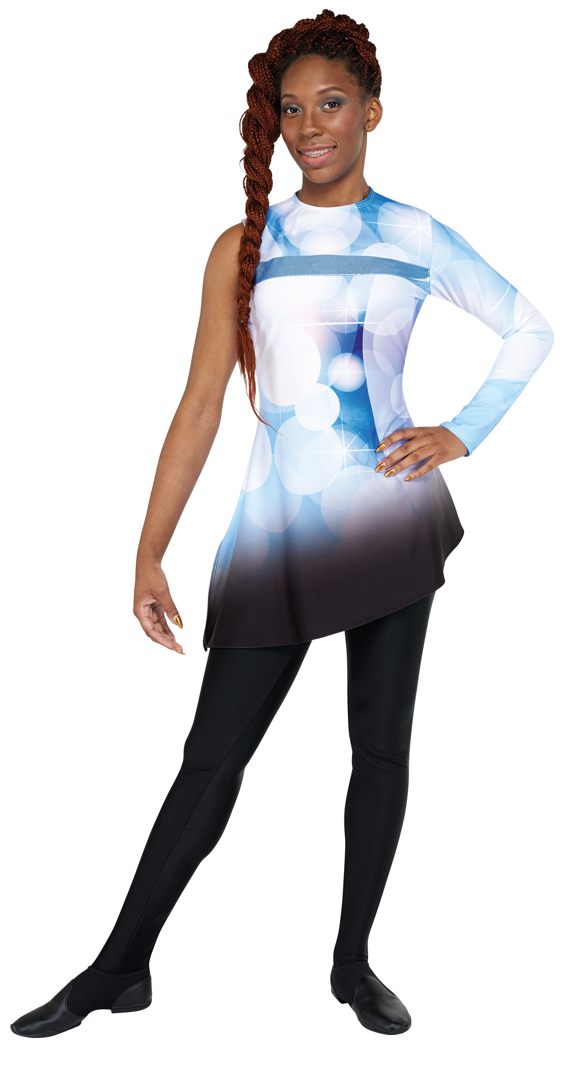 tunic, left sleeve, right sweep, columibia mystique, stock black leggings